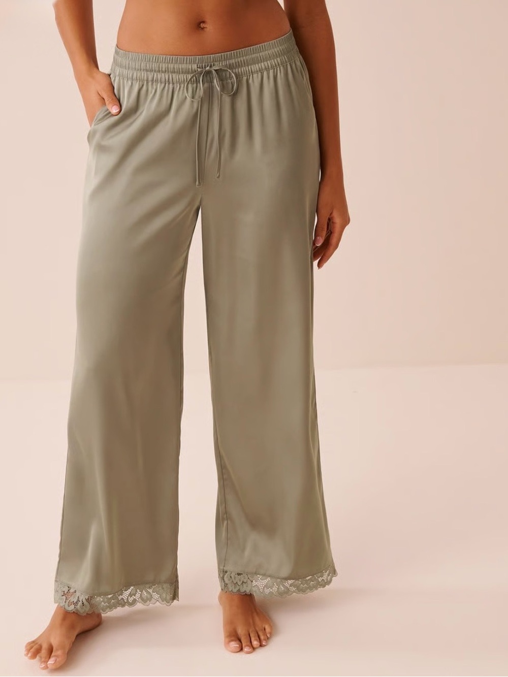 La Vie En Rose Luxury Edition Lace Trim Satin Pants - Sage Green SZ.M